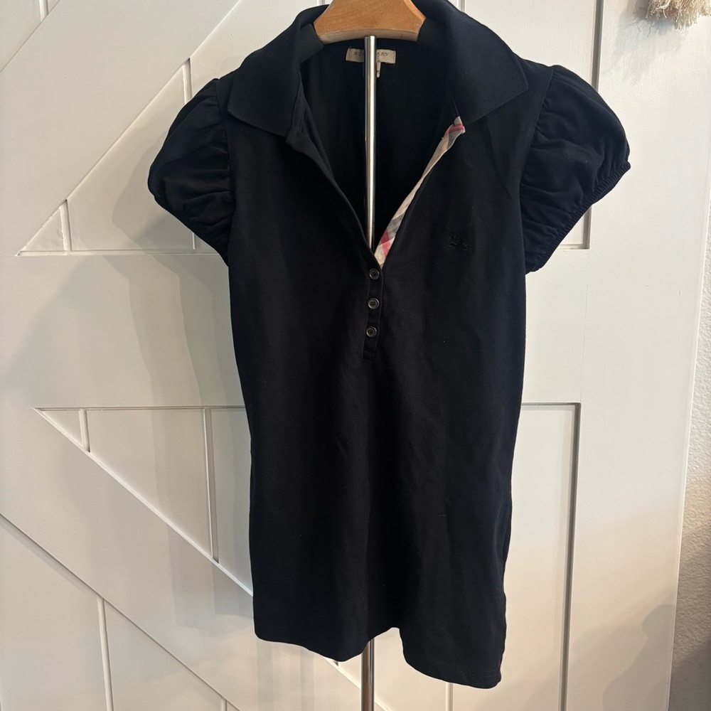 Burberry Brit Black Puff Sleeve Polo Shirt M Nova Check Trim